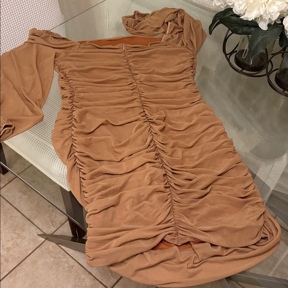 Elegant Tan Ruched Dress - Picture 6 of 10